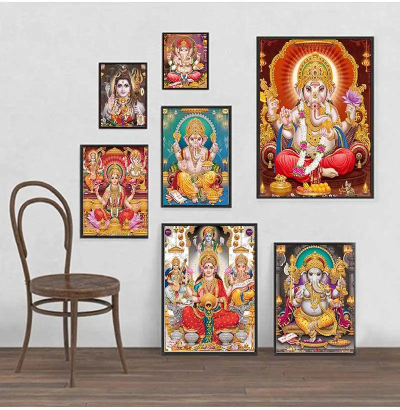 India Hindu Golden Ganesha Temple Poster Shiva Parvati Painting Canvas Prints Elephant God Religion Picture Room Hoom Wall Decor