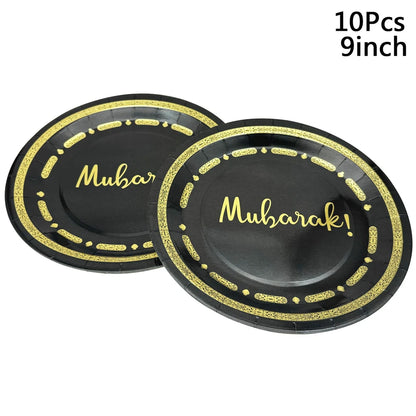 10Pcs Umrah Eid Mubarak Ramadan Party Disposable Tableware Kaaba Paper Plates Cups Napkin Muslim Islamic Eid Al-Fitr Decoration