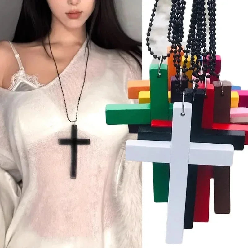Fashion Punk Gothic Wood Cross Pendants Necklace White Black Cross Choker Y2k Hip Hop Necklace Sweater Chain Gifts