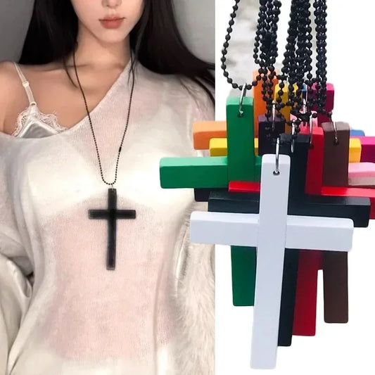 Fashion Punk Gothic Wood Cross Pendants Necklace White Black Cross Choker Y2k Hip Hop Necklace Sweater Chain Gifts