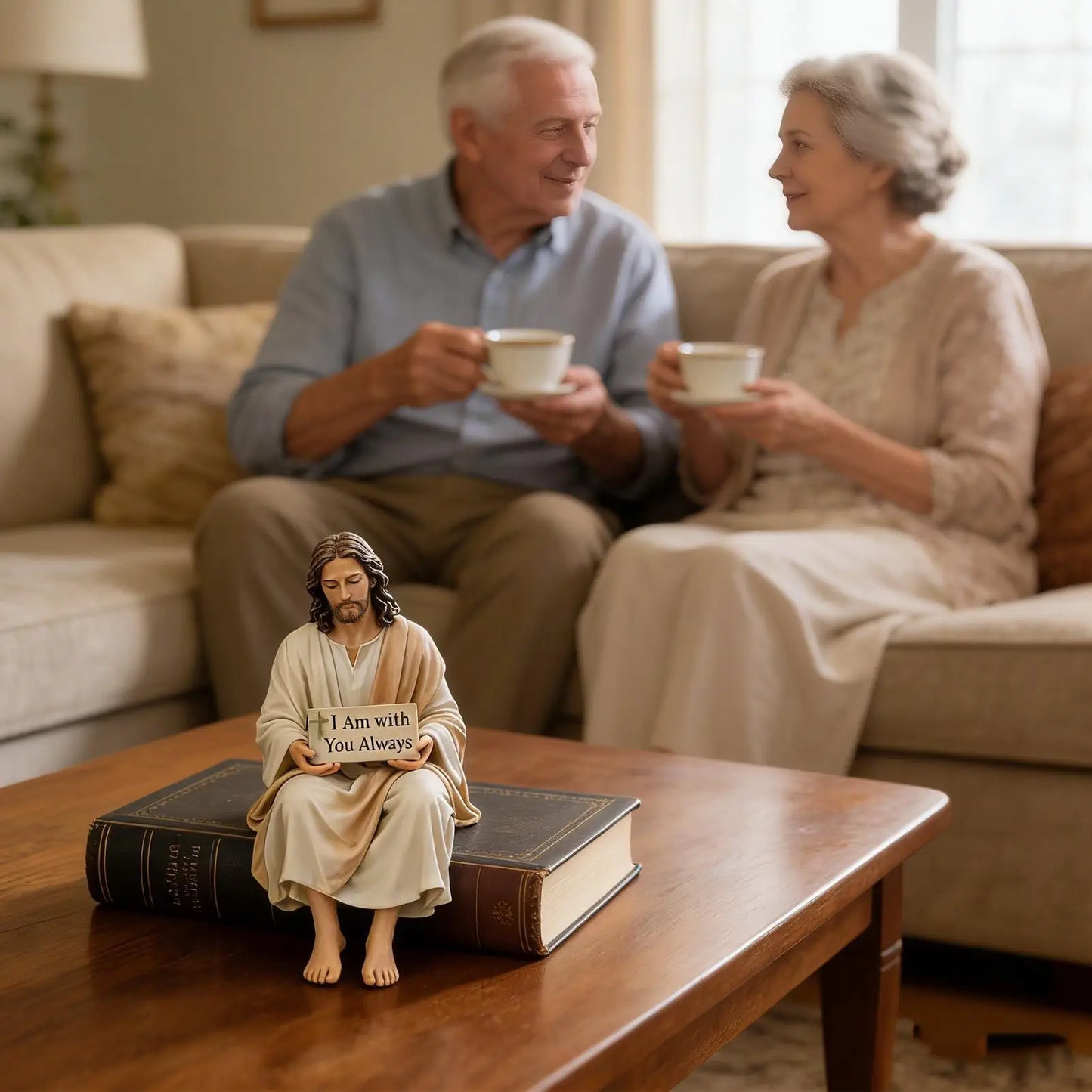 Hand Painted Jesus Figurine I Am with You Always Gift - For Desk Jesus Christ Statue Sitting Pose Unique Resin Jesus Ornament