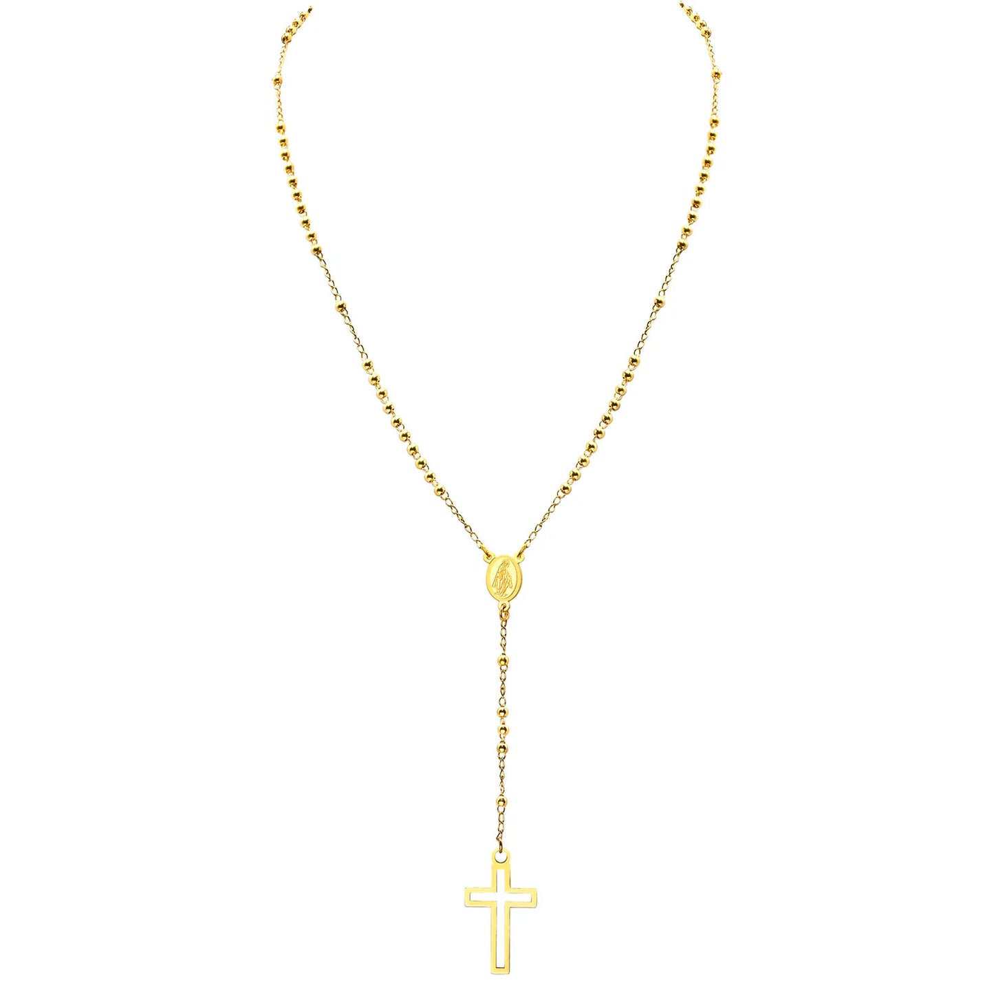 Women Cross Rosary Necklace, Maria with Cross Pendant, Black Gold Color Stainless Steel Christ Jesus Prayer Church Jewelry