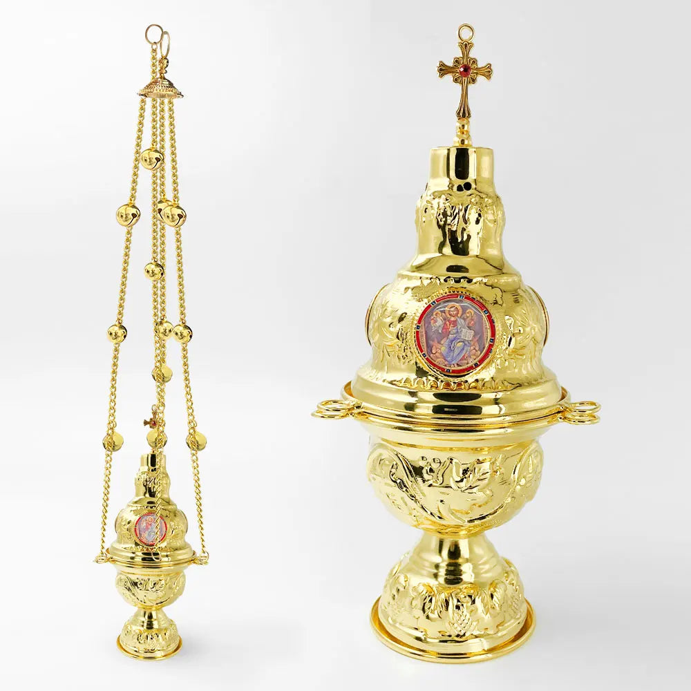 Hanging Orthodox Incense Burner with Bells Gold Swinging Catholic Church Supplies 26 Inch Chains with 24 Bell Кадило "Крест"
