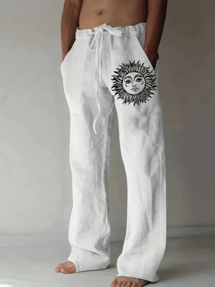 Retro Compass Printed Men's Casual Pants Harajuku Street Trendy Men's Straight Leg Pants Casual High Waisted Drawstring Pants