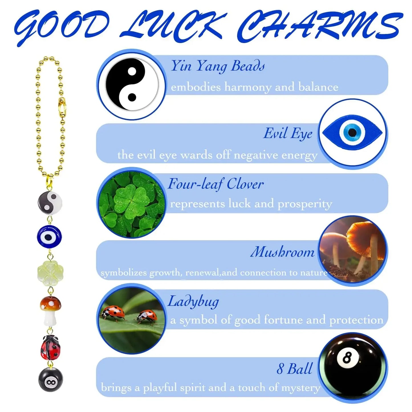 Bohemian Evil Eye 8-Ball Mushroom Clover Ladybug Yin Yang Car Pendant for Women
