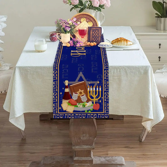 Happy Passover Linen Table Runner Passover Decorstions Jewish Pesach Seder Plate Star of David Table Runners Holiday Party Decor