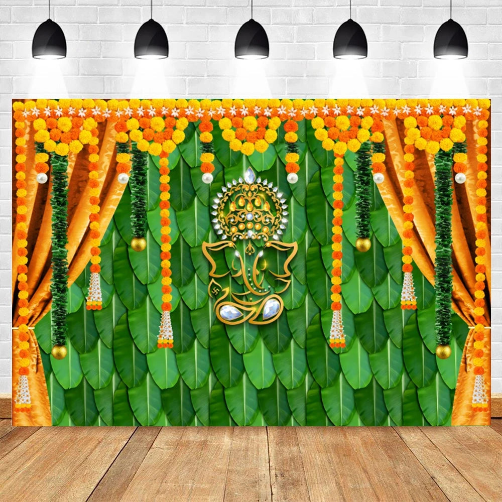 Indian Traditional Photography Background Marigold Green Leaf Hindu Indian Wedding Holi Flowers Garland Anniversary Backdrops