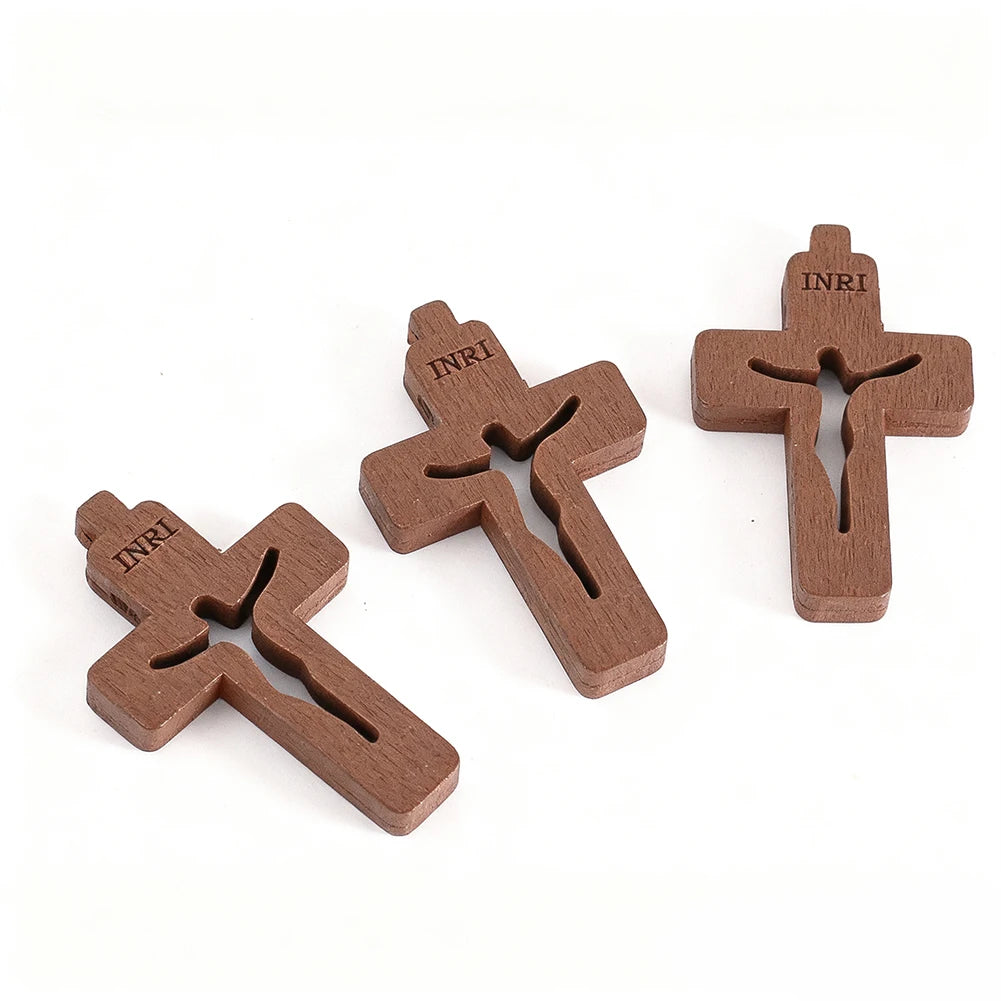 10pcs Mini Wooden Crosses Pendants INRI Jesus Crucifix Prayer Cross Christian Easter Decor Baptism Gift DIY Jewelry Keychain