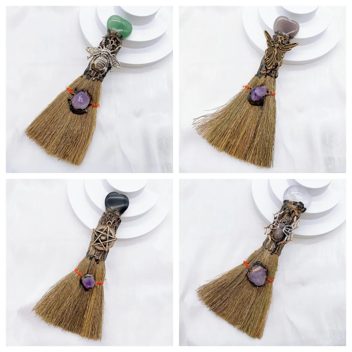 Natural Amethyst Crystal Love Heart Magic Broom Gem Crafts Home Decoration Reiki Healing Witch Broomstick Christmas Gift