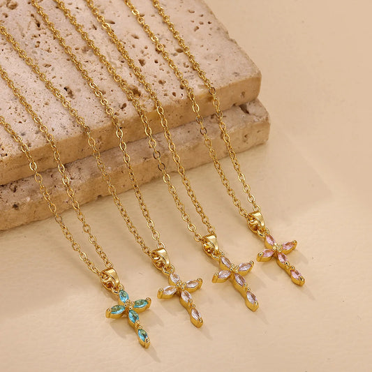 Colorful Shiny Cubic Zirconia Cross Pendant Necklaces for Women Gold Color Delicate Fashion Collar Jewelry Gift