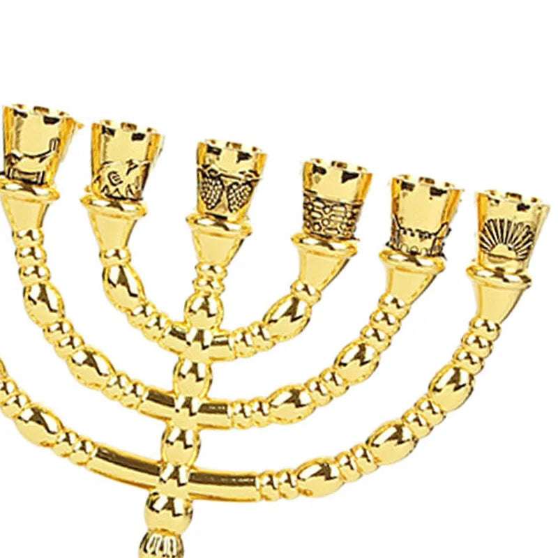 ABUN-Golden Jewish Menorah Candle-Holders Religions Candelabra Hanukkah Candlesticks 7 Branch Menorah