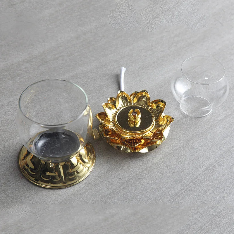 Golden Oil Lamp For Buddhist With Glass Windproof Cover Religious Items Home Alter Prayer Buddha Decoration