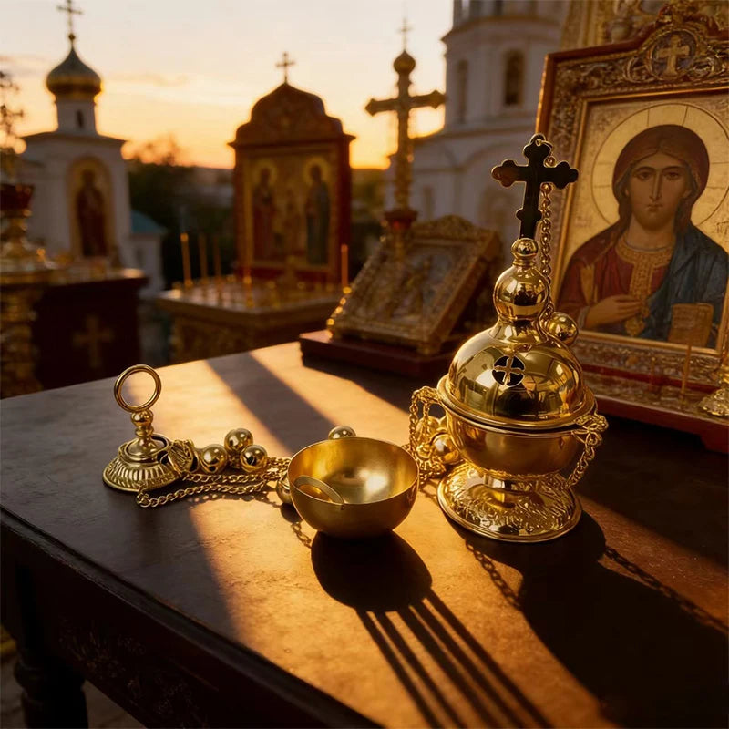 New Gold Plated Catholic Orthodox Hanging Censer Set with Bells for Church Home Altar Incense Burning Religious Devotion Gift