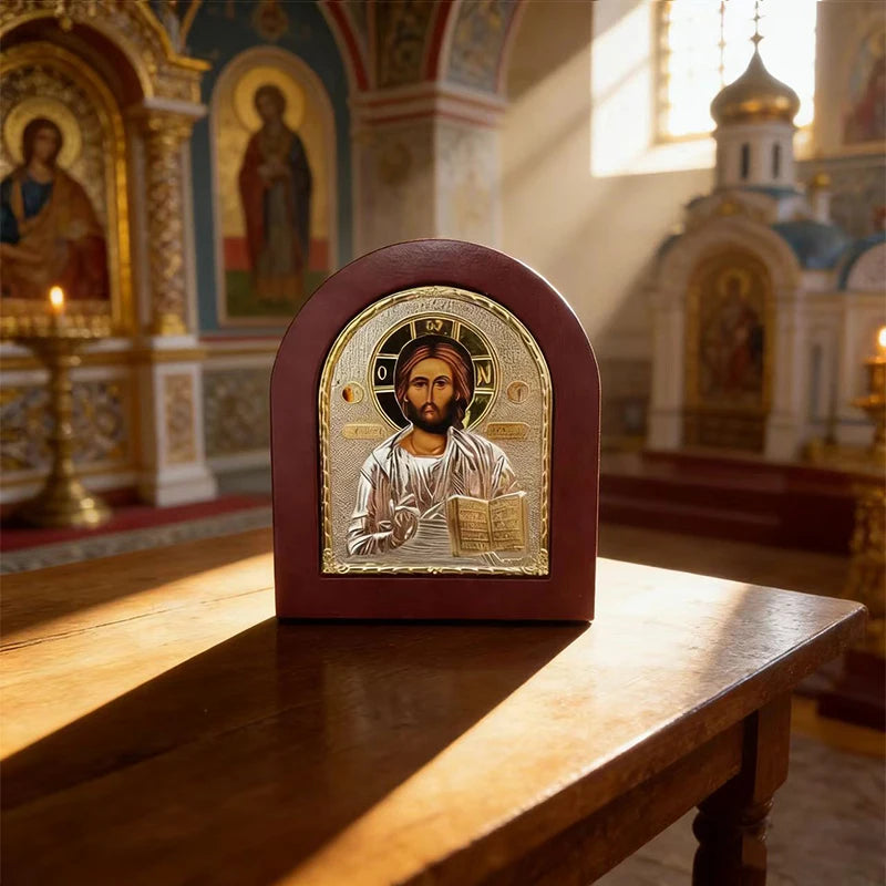 Jesus Christ Pantocrator Orthodox Icon Silver Plated Wooden Religious Wall Decor Christian Altar Prayer Home Decoration 13x11cm