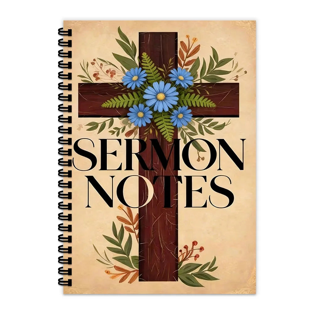 1PC Vintage Cross Floral Spiral Notebooks, Sermon Notes Journal for Church Service, Bible Study, Faith Reflection, Prayer Log, I