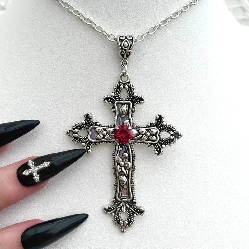 Y2K Punk Crystal Big Cross Pendant Necklaces for Women Men Gothic Irregular Cross Clavicle Chain Necklaces Aesthetic Jewelry