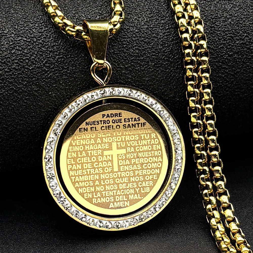 The Lord's Prayer God Jesus Cross Bible Spainsh Verse Necklace for Women Men Stainless Steel Crystals Chain Rotatable Jewelry
