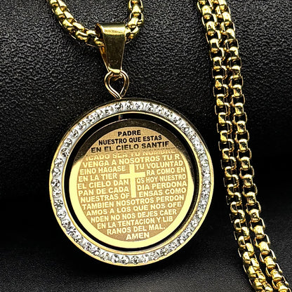 The Lord's Prayer God Jesus Cross Bible Spainsh Verse Necklace for Women Men Stainless Steel Crystals Chain Rotatable Jewelry