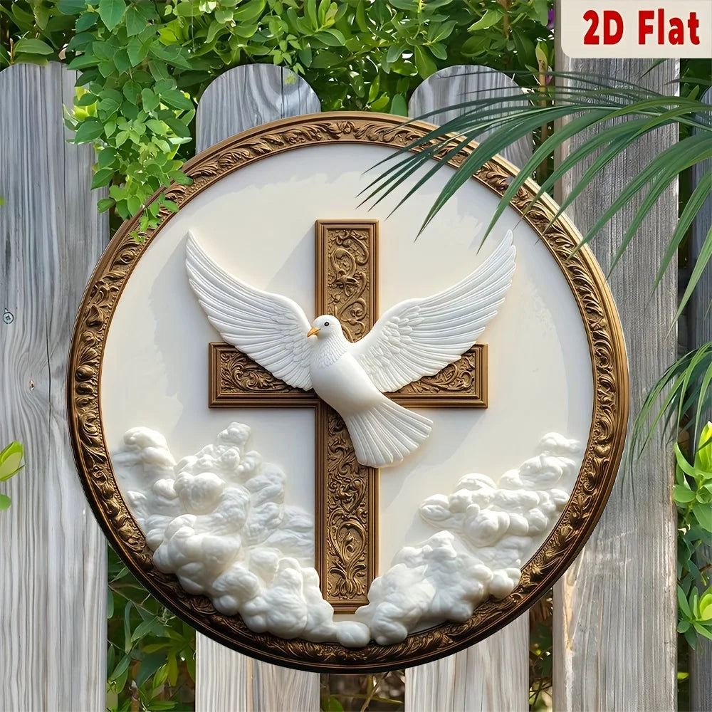 Christian Metal Wall Art 8 Inch Round Spiritual Dove Cross Plaque Religious Home Decor Gold Church Gift with Hanging Hardware