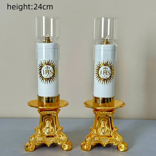 Catholic Oil Lamp Candle Stick With Windshield And Base With Gold Gilded Religious Symbol For Home Altar Church Supplies