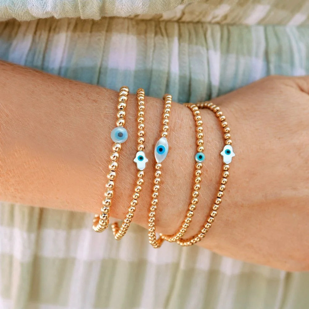 Vlen Evil Eye Bracelet for Women Hamsa Hand Protection Jewelry 18K Gold Plated Adjustable Stretch Pulsera Spiritual Gift for Her