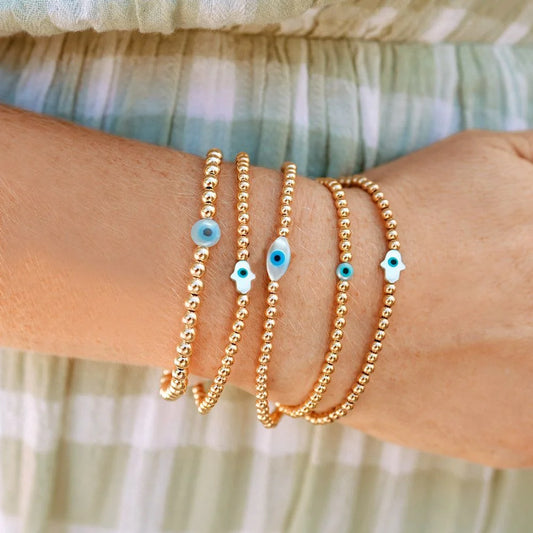 Vlen Evil Eye Bracelet for Women Hamsa Hand Protection Jewelry 18K Gold Plated Adjustable Stretch Pulsera Spiritual Gift for Her