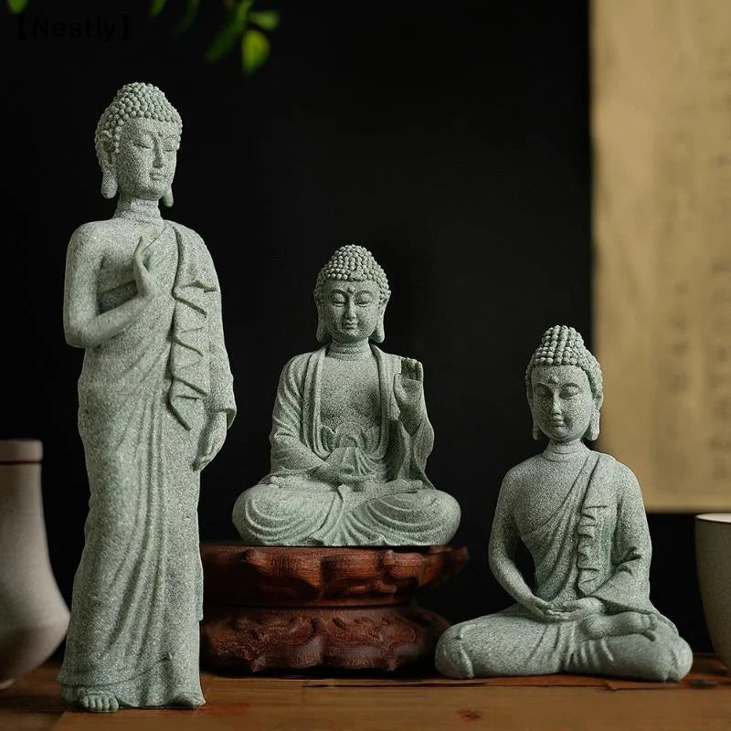 1Pcs Mini Buddhism Figurine Desk Decor Zen Statue Green Sandstone Thailand Ornament Buddha Garden Statue Fish Tank Decor〔Nest〕