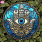 2D flat, 1 Hamsa hand wall decoration - turquoise blue and gold metal evil eye protection amulet "retro wooden sign