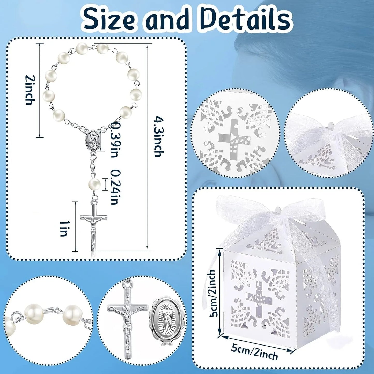10/20pcs Christening Acrylic Rosary Beads Faux Pearls with Cross Christening Gift Box for Christening Wedding Party Favors
