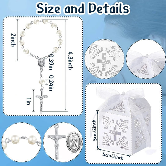 10/20pcs Christening Acrylic Rosary Beads Faux Pearls with Cross Christening Gift Box for Christening Wedding Party Favors