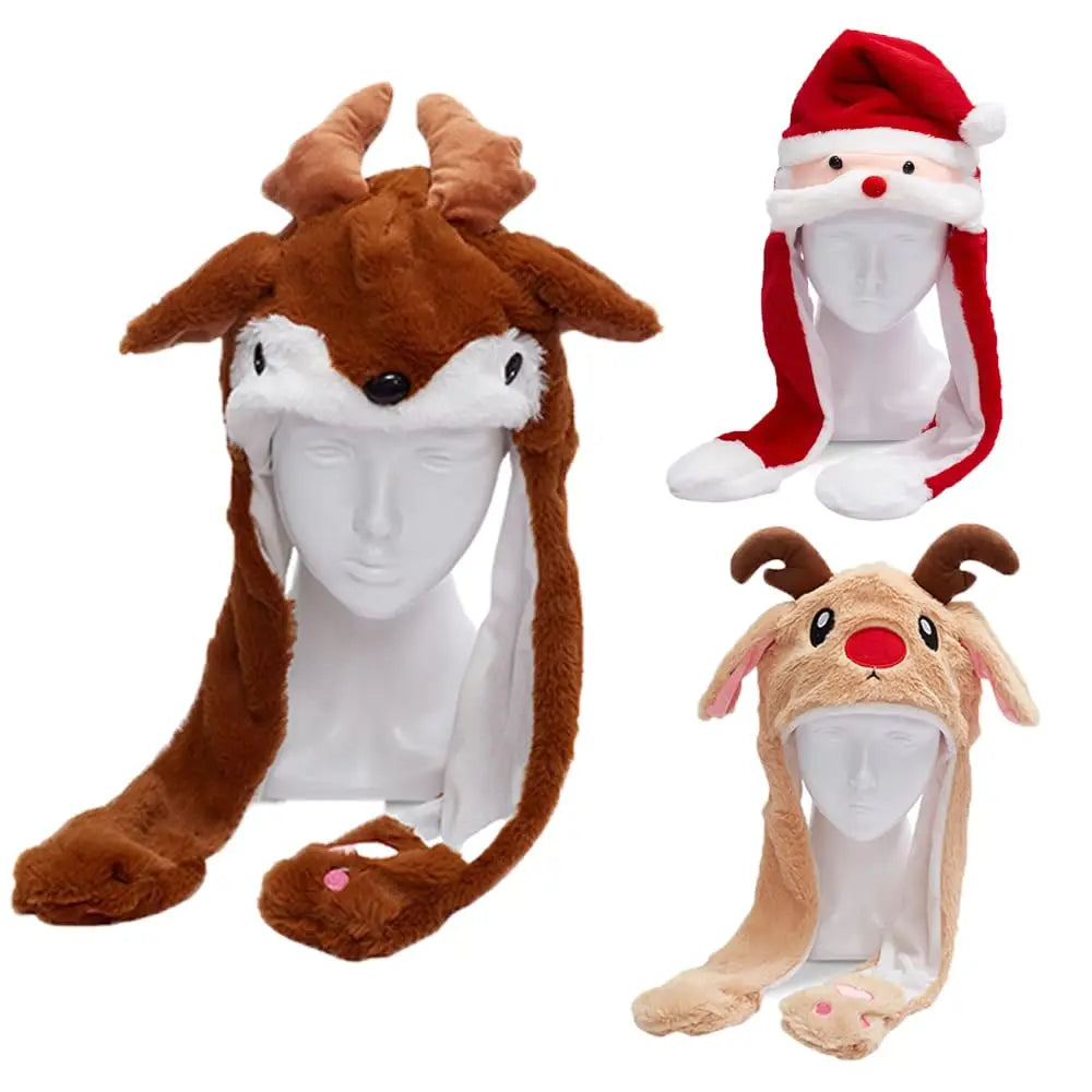Plush Christmas Hat Interactive Game Windproof Elk Christmas Dress Up Doll Hat Cute Cartoon Santa Hat Ears Move Party Headdress