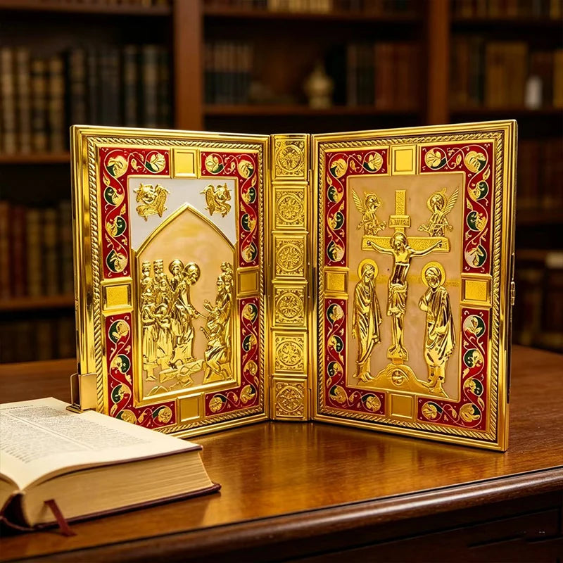 Vintage Gold Plated Orthodox Bible Cover with Enamel Holy Icons for Church Liturgy Home Altar Prayer Devotion Christian Gift Dec