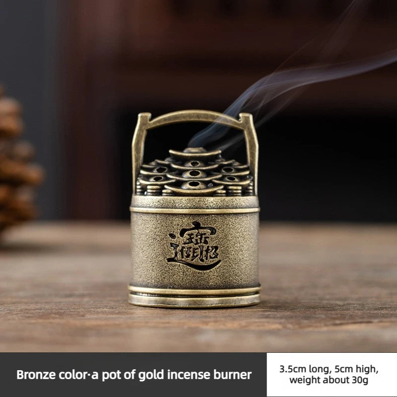 Mini Bucket Shaped Incense Burner Lucky Wealth Desktop Ornament for Home Meditation Aroma Gold Ingot Fortune