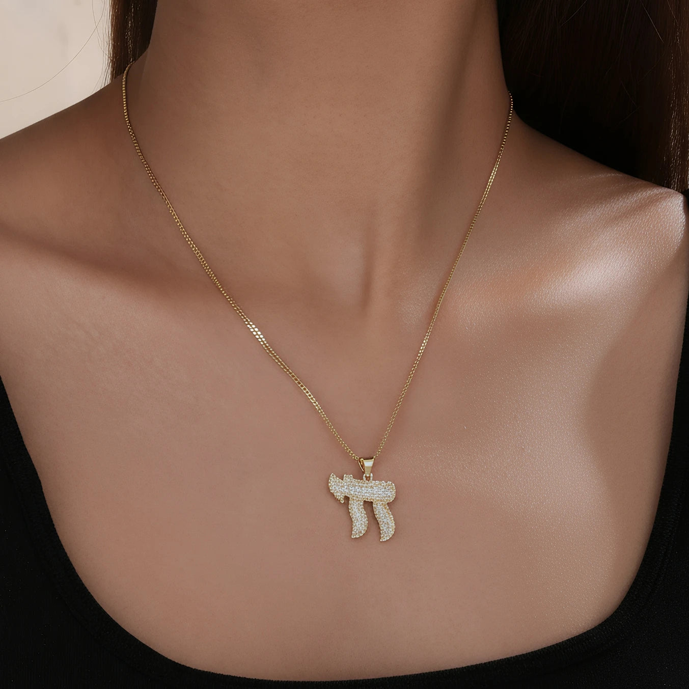 Nidin New Trendy Jewish Hebrew Letter Chain Pendant Necklace For Women Copper Cubic Zirconia Religious Style Link Jewelry Gift