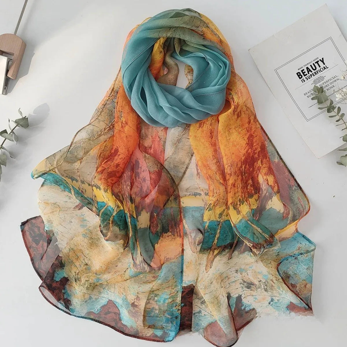 Summer Women Birch Forest Landscape Thin Soft Beach Silky Georgette Scarf Shawls 160cm Long Wraps Beach Sunscreen Hijab
