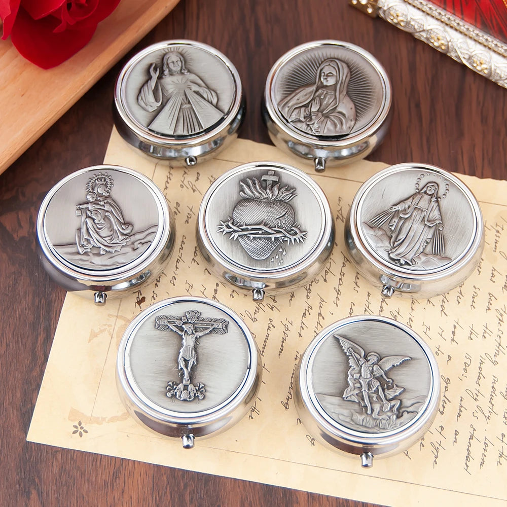 HTISOK Orthodox Catholic Reliquary Box - 5cm Silver Metal Holy Relic Case, Church Altar Decor, Easter Christmas Religious Gift