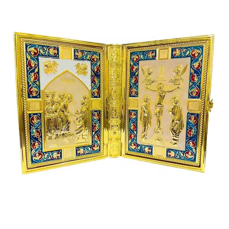 Vintage Gold Plated Orthodox Bible Cover with Enamel Holy Icons for Church Liturgy Home Altar Prayer Devotion Christian Gift Dec