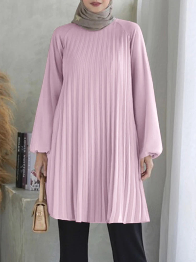 ZANZEA O Neck Islamic Hijab Abaya Blusas Solid Raglan Sleeves Casual 2024 Fall Long Tops Women Pleated Muslim Fashion Blouses