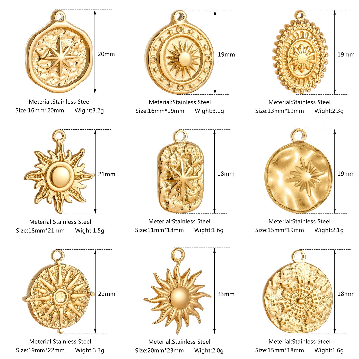 3pcs/Lot Stainless Steel Casting Sunburst Sun Moon Star Charms Pendant For DIY Necklace Bracelet Earrings Jewelry Accessories