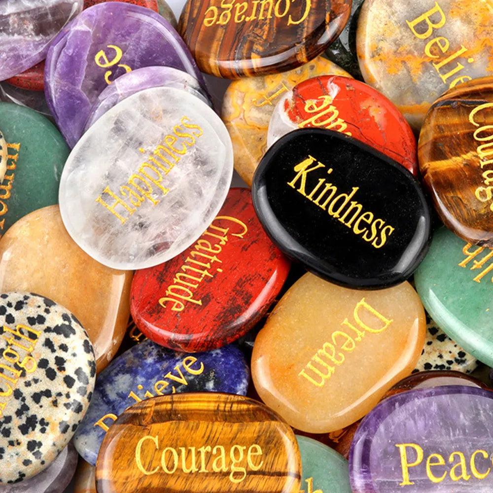 Natural Stone Crystal Engraved Different Inspirational Word Worry Stones Reiki Healing Crystals Palm Gemstone Thanksgiving Gifts