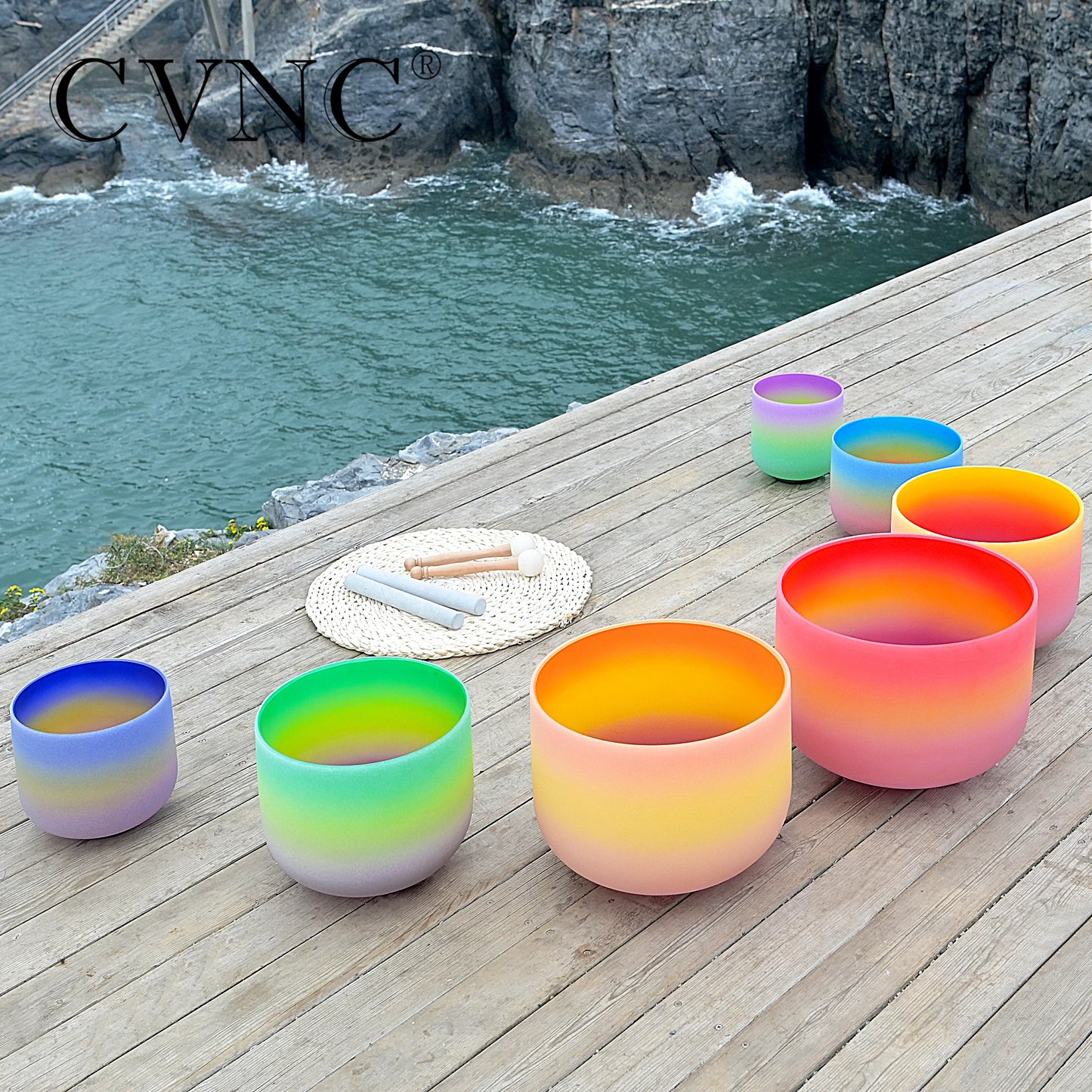 CVNC 6-12 Inch Colored Frosted Quartz Crystal Singing Bowls 7 chakra set for sound healing instrument with Bag