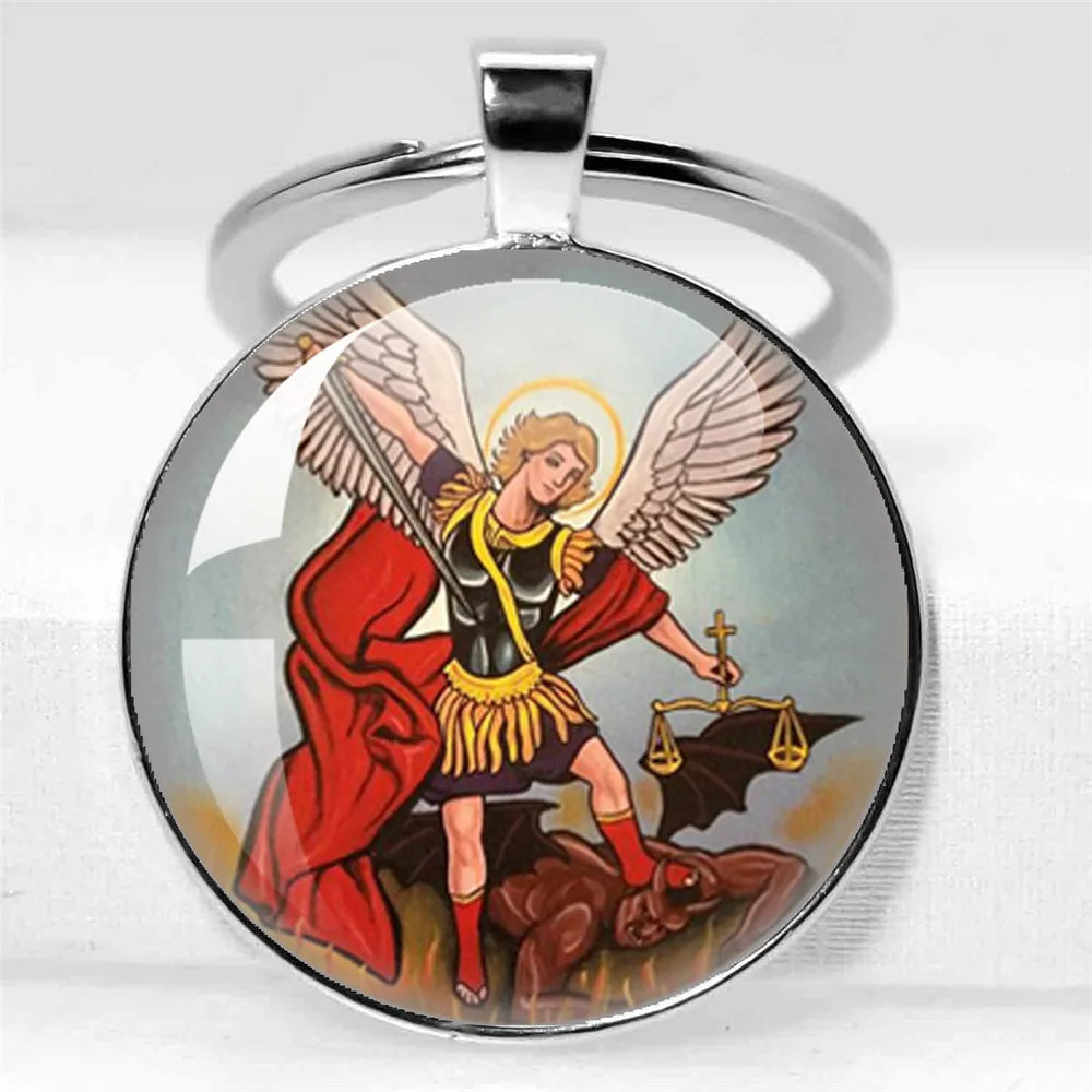 25mm/30MM Archangel Saint Michael Protect Me Holy Shield Angel Protection Glass Pendant Christian Keychains Jewelry Gift