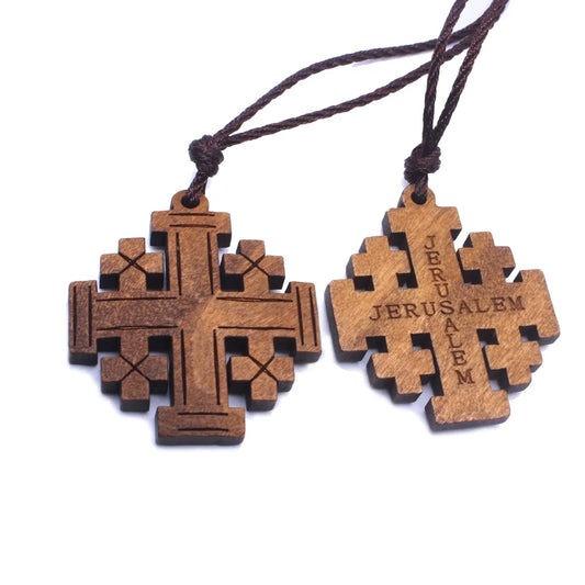 Simple Religious Necklaces Wooden Jerusalem Cross Pendant Necklaces Women Men Christian Religious Prayer Jewelry Accessory Gifts