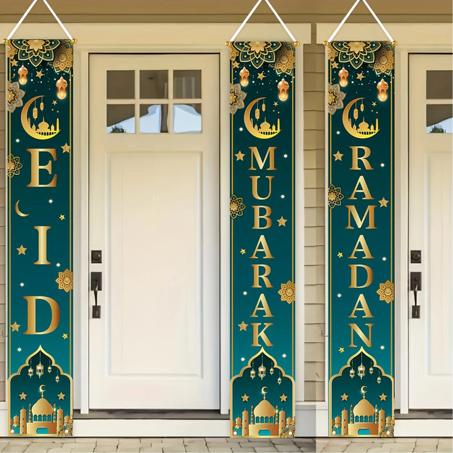 3pcs Eid Al-Fitr Celebration Porch Banner Set Durable Polyester Flags with Moon Star Castle Design  for Ramadan Home Decor