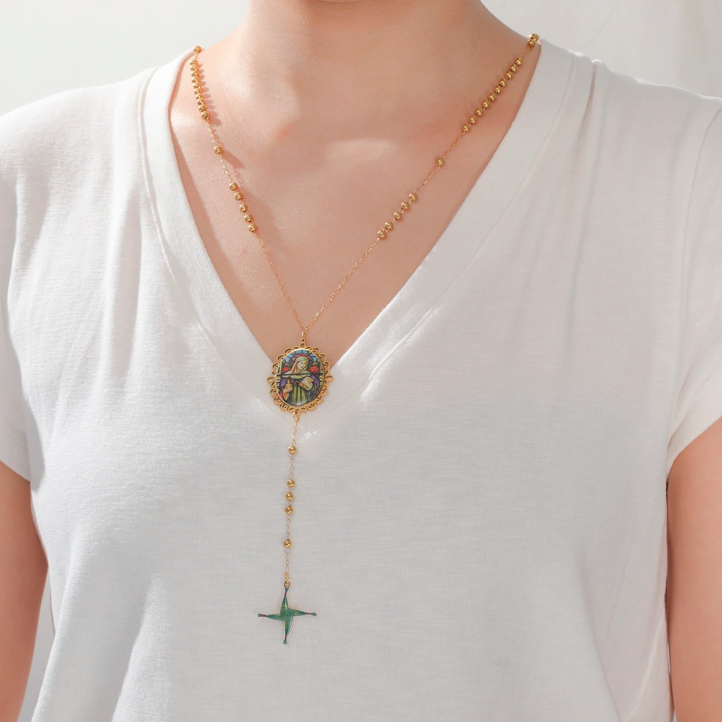Kkjoy Saint Brigid Goddess Cross Rosary Necklace Stainless Steel Gold Silver Print Celtic Religious Irish Vintage Faith Jewelry