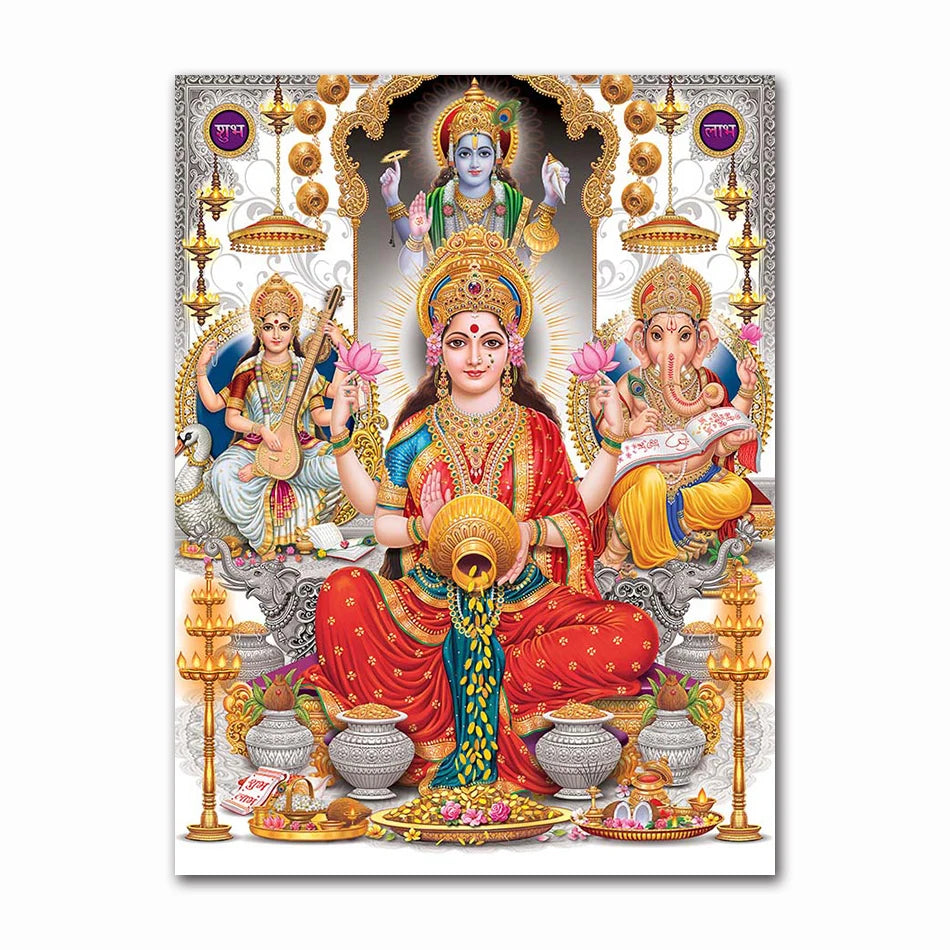 India Hindu Golden Ganesha Temple Poster Shiva Parvati Painting Canvas Prints Elephant God Religion Picture Room Hoom Wall Decor