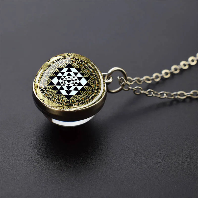 Sacred Geometry-Metatron's Cube Necklaces Sri Yantra Mandala Double Side Glass Ball Pendant Necklace Buddhist Yoga Jewelry Gift