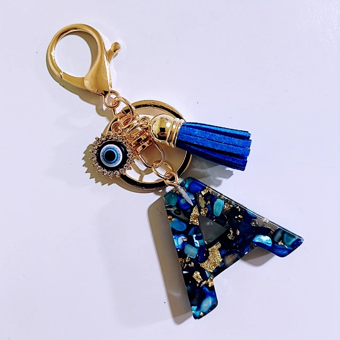 Blue Resin Initial Keychain - Evil Eye Letter Charm with Rhinestones & Tassel, Stylish Gift for Women, Lobster Clasp Accessory
