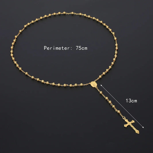 Gold Color Rosary Necklace For Women Men Long 6MM Beads Chain Crucifix Cross Pendant Religious Prayer Party Jewelry Gift
