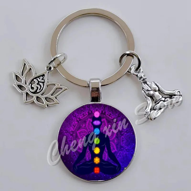 Indian Buddha Meditation 7 Chakra Mandala Psychedelic Yoga Glass Cabochon Keychain Ornament